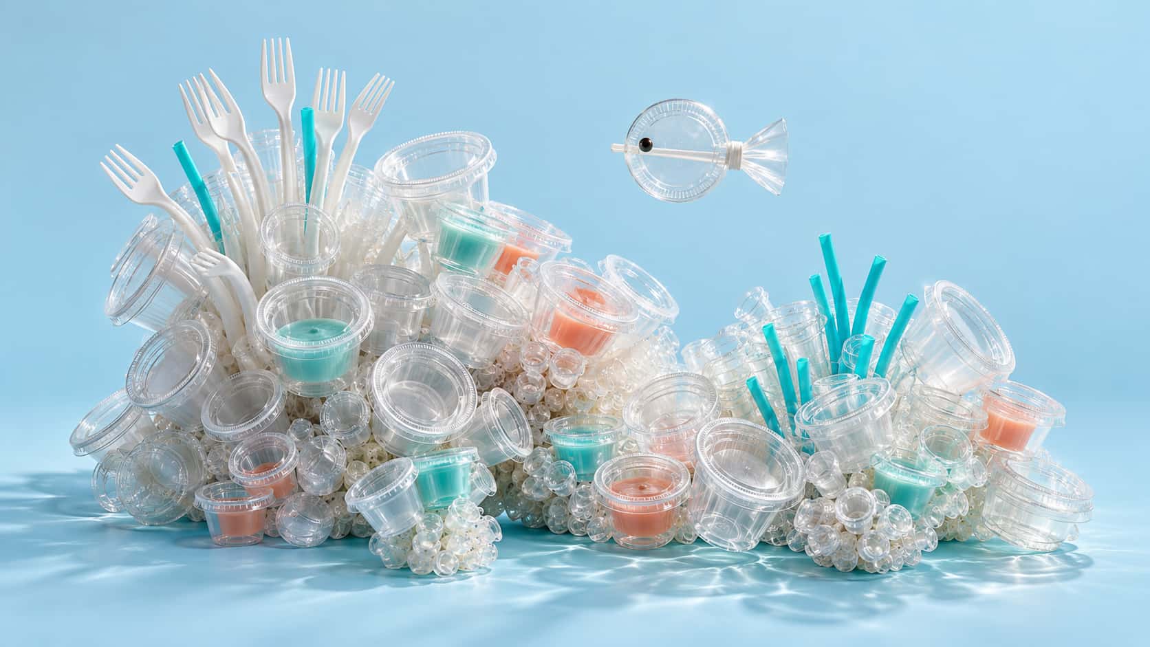 Dozens of small clear condiment cups and lids cluster like barnacles with coral and turquoise sauce in some of them and one small fish made of a lid and a stirrer floats above.