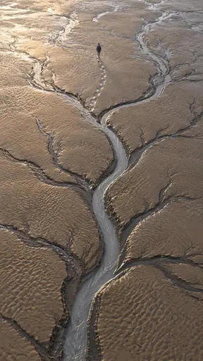 Directly overhead, branching dark tidal channels score a warm stone mudflat like charcoal strokes, one single unbroken channel running to the feet of a distant walker whose fresh gleaming footprint trail joins the system as its newest tributary.
