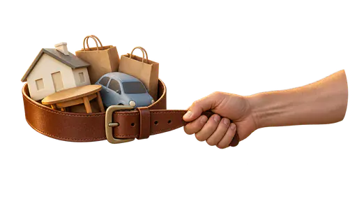 Tightening your belt: a hand pulling a wide leather belt one notch tighter around a miniature house, shopping bags, toy car and dining table, the household squeezed into visibly less space.