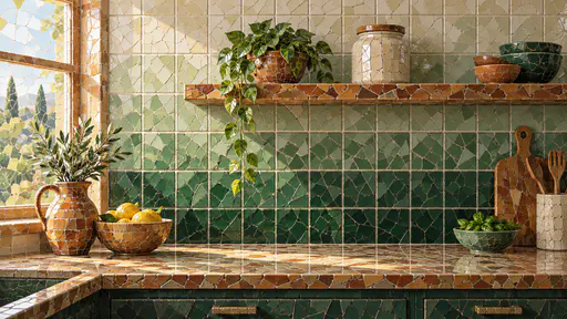A kitchen wall of square ceramic tiles fades from cream to deep green behind a counter with a shelf, a jar, a plant and a window in glazed mosaic shards.