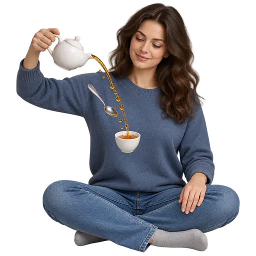 Time stands still: a calm seated watcher beside a frozen arcing tea stream, a tilted hanging spoon and beaded droplets, the suspended moment held outside ordinary time.