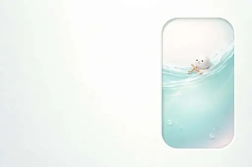 A minimalist 3:2 scene with pale mint gradient and textured negative space at left, a rounded cutout at right revealing glossy pastel liquid steered by a tiny 3D creature with a paddle.