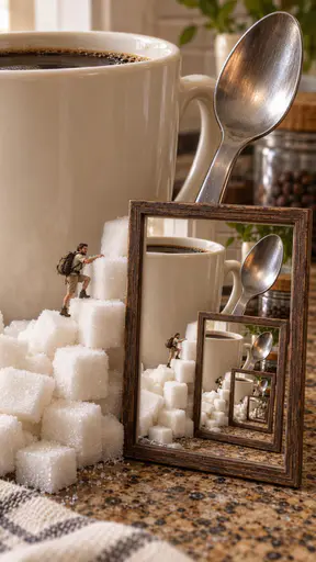 A tiny adult figure the size of a thumb explores a giant kitchen counter climbing past a looming coffee cup, a huge spoon and a mountain of sugar cubes with everyday objects towering overhead.