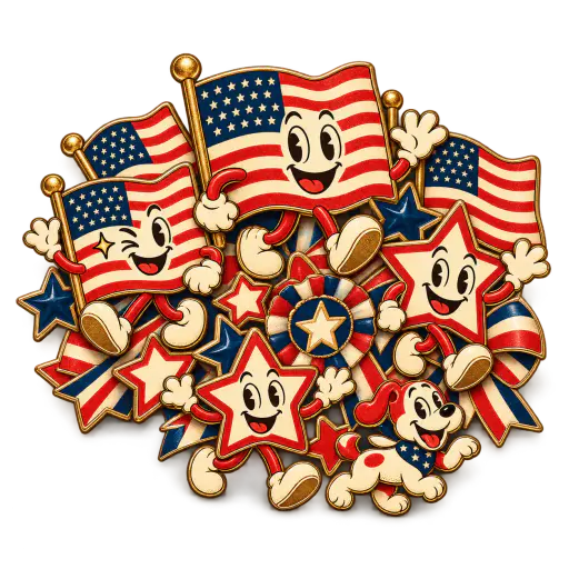 Stamp style sticker sheet of clustered enamel flag pins, star pins and stripe ribbon pins.