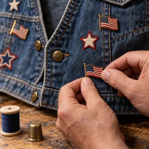 Close view of an adult denim vest covered with small flag pins and star patches. Thirteen stripes and a neat canton shine for the road.