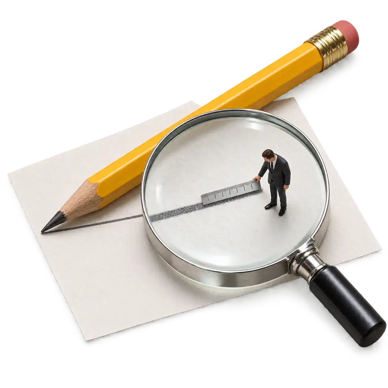 Micromanagement: a miniature suited manager measures a giant pencil stroke with a tiny ruler under an oversized magnifying glass on a small paper patch.