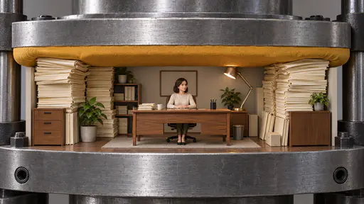Under pressure: a tiny office with its seated worker squeezed between two giant padded press plates, the upper plate bending the desk lamp and folders.