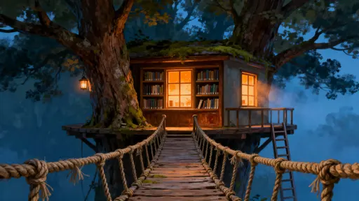 A tiny two‑level library built snugly between two mature trees with glowing windows and hundreds of micro books, connected by a narrow rope bridge and lit like twilight magic.