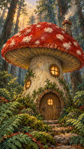 A small mushroom house in a forest with a red capped toadstool roof, a round door, tiny lit windows and a chimney is surrounded by ferns and moss in soft dawn light.