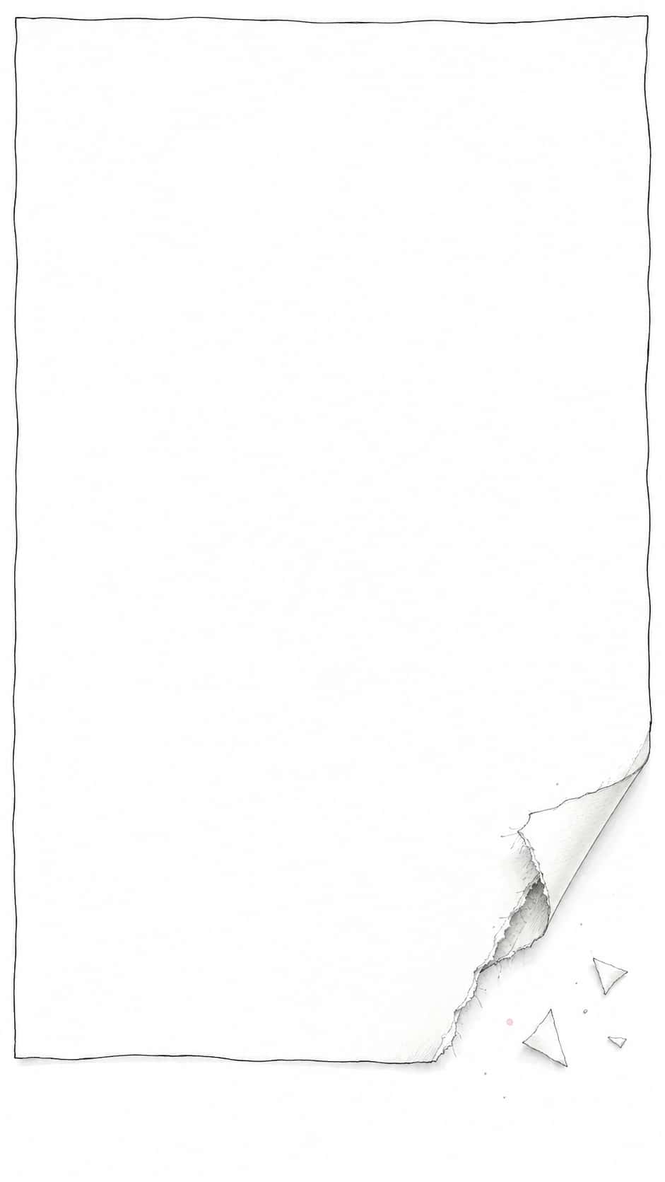 The torn and curling corner of a blank sheet of paper has a triangular piece missing and a few loose scraps nearby in wobbly pen lines on white.