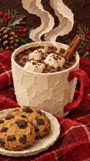 A large cup of hot chocolate topped with marshmallows and cocoa dust has a cinnamon stick and a small plate of cookies beside it with steam curling up on a cozy winter table.