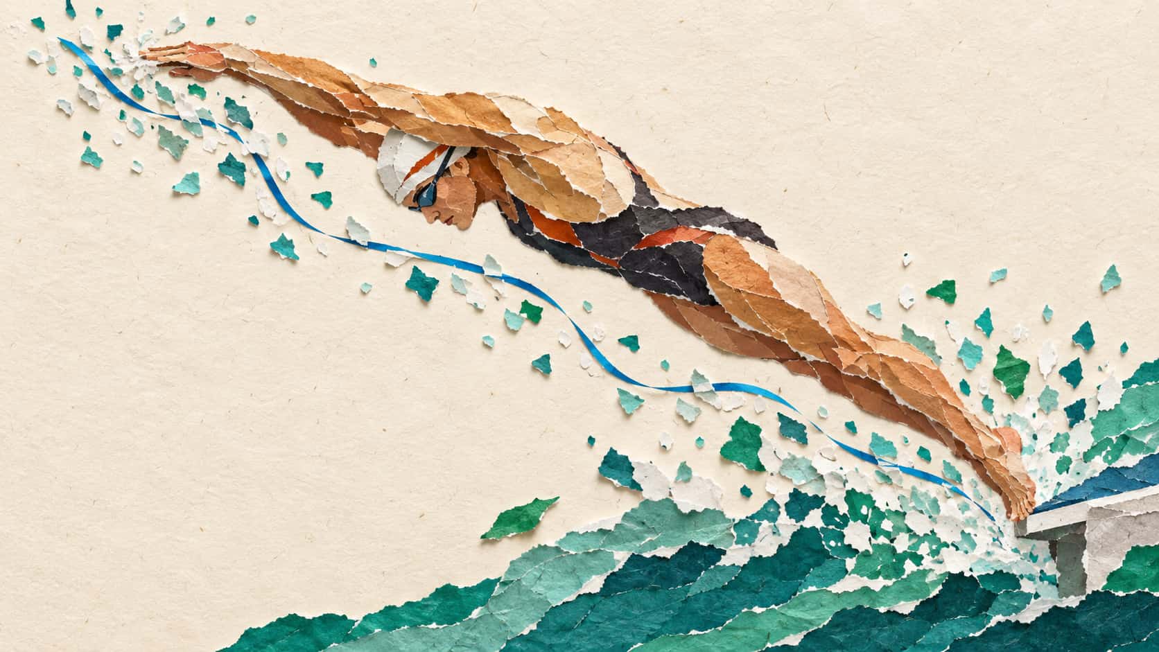 Paper collage artwork of a swimmer diving diagonally, their splash rendered as torn paper flecks with a blue ribbon, on warm cream paper.