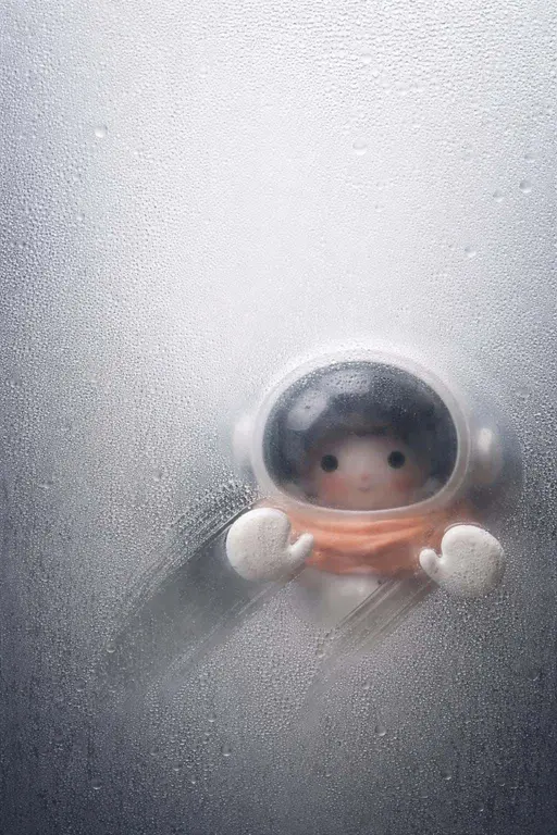 A 2:3 portrait of a small 3D toy astronaut pressing a glossy white helmet and mittened hands against fogged glass with wiped oval and fingertip streaks, soft droplets, and a gentle diffused glow.