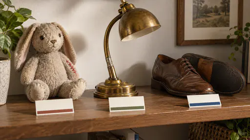 On a tidy shelf of finished repairs a small stuffed toy rabbit with a freshly re-stitched arm in contrasting red thread sits upright beside a mended brass lamp and a pair of resoled shoes with a blank colour-banded card under each item in soft frontal light, no people.