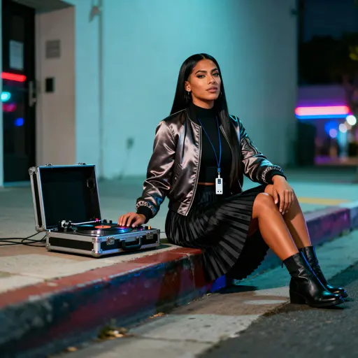 A 24-year-old Mexican American transgender woman DJ in Los Angeles sits poised on a curb after soundcheck in a deep-navy satin bomber, pleated skirt and black boots with warm-tan skin lit by soft wrap light as neon-pink and muted-teal bokeh