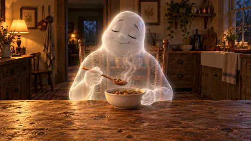 Soul food: A friendly translucent ghost hunches contentedly over a steaming bowl of stew at a wooden kitchen table, semi-transparent hands holding a wooden spoon, eyes closed in quiet enjoyment, the woven chair back showing through its milky glowing torso, in warm golden kitchen light.