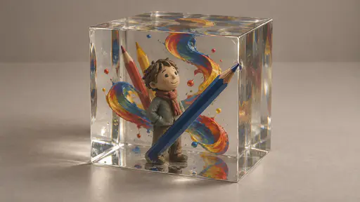 Creative block: a three-quarter product photograph of a solid transparent cube on a warm-grey tabletop, with a clay figure, colourful paint and several pencils sealed inside; one pencil tip touches the inner face without passing through it.