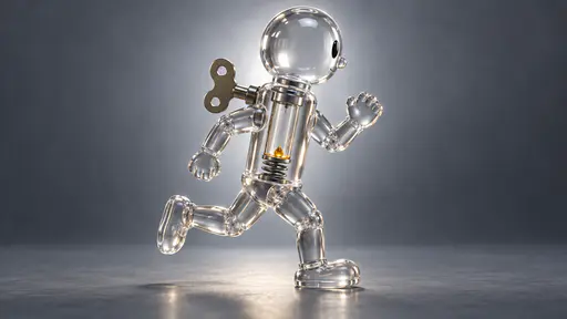 Running on empty: a transparent wind-up runner freezes mid-stride with one foot raised, its clear torso showing a reservoir with one last golden drop above a slack spring.