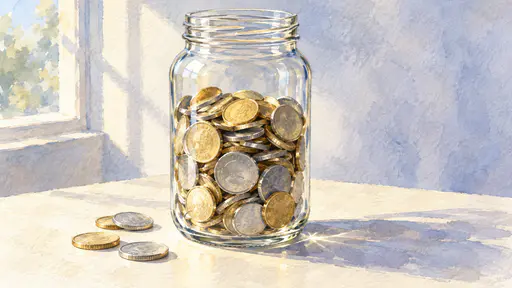 A clear glass savings jar two thirds full of silver and gold coins stands on a pale table with paper-white glass highlights and a violet shadow.
