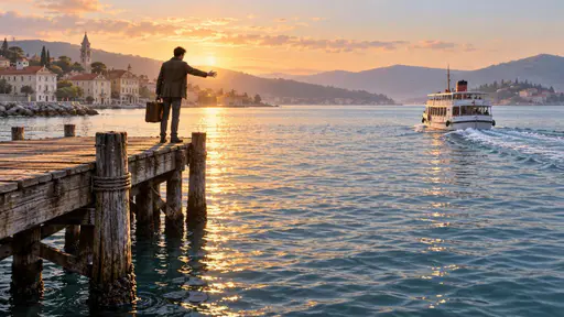 Missing the boat: an editorial side-view travel photograph on a calm harbour in soft morning light, where a traveler with a suitcase stands at the very end of a wooden pier reaching after a small passenger boat that has already drawn away, a clear strip of open water between them.