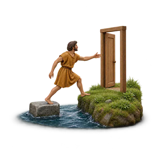 A stepping stone: a miniature traveler steps from a low square stone in rippling water onto a higher grassy bank holding an open doorway.