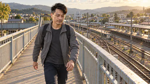 A wiry man with swept-back black hair and a thin moustache in a grey jacket with a grey rucksack walks briskly across a plain footbridge over railway tracks at a junction station, tracks below and a distant town behind him in late-afternoon sun.