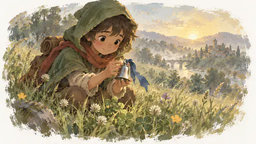 A young traveller in a green hooded cloak and a red scarf crouches in a sunlit meadow at dawn lifting a small silver bell with a blue silk ribbon through its handle out of the clover with both hands, wildflowers around.