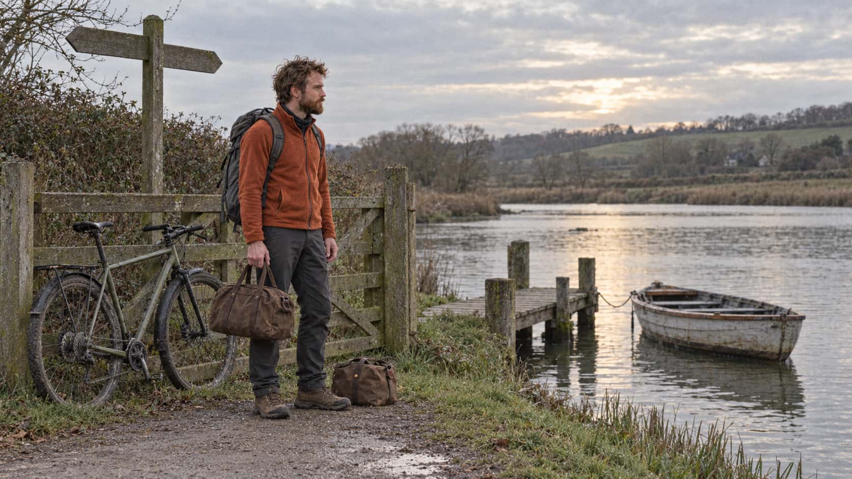 A lean man with an auburn beard in a rust fleece stands with his bicycle leaning against a gate and a small brown duffel bag at his feet at the end of a country lane where a quiet river with a small wooden jetty and a rowing boat meets a footpath with a blank signpost in soft evening light.