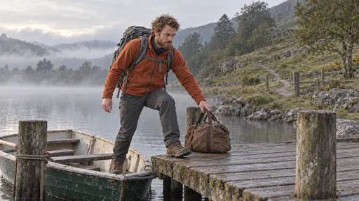 A lean man with an auburn beard in a rust fleece with a grey rucksack steps carefully from a small rowing boat onto the planks of a wooden jetty at dawn with one boot on the boat and one on the jetty and his small brown duffel bag handed up ahead onto the planks, mist on a calm lake and a footpath climbing a green hillside behind.