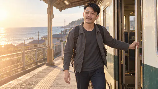 A wiry man with swept-back black hair and a thin moustache in a grey jacket with a grey rucksack steps down from a small train onto a seaside station platform smiling toward a strip of sea beyond the fence in strong low golden sun.