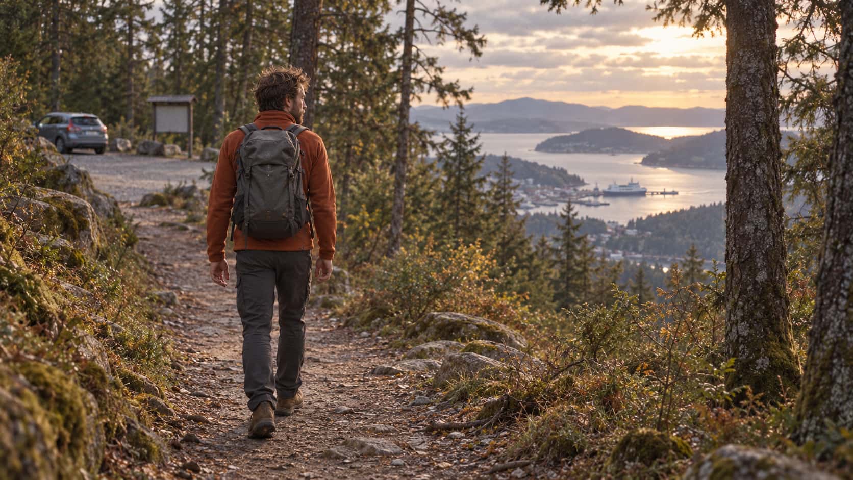 A lean man with tousled brown hair in a rust fleece and walking boots with a grey rucksack on his back walks away along a quiet forest trail in low golden evening light with a small hatchback far behind in a car park and a harbour glimmering far below in the valley beyond the trees.