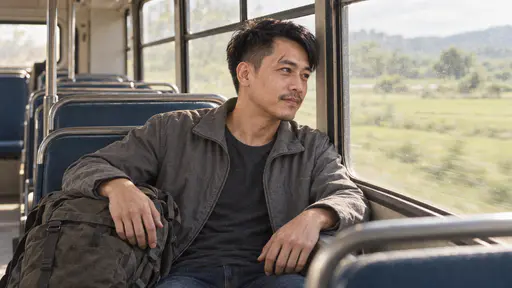 A wiry man with swept-back black hair and a thin moustache in a grey jacket sits on a bus window seat gazing at green fields passing outside with his grey rucksack on the seat beside him in broad soft daylight.