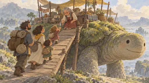 A family of four travellers with bundles climbs a wide wooden ramp onto the shell of a vast gentle moss-backed creature while a grey-braided stallholder in a red apron welcomes them at the top holding a small tin cup of water out to the smallest child.