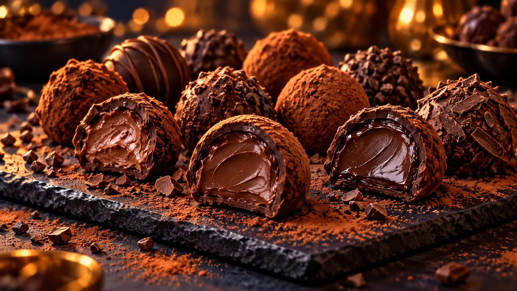A tray of dark chocolate truffles dusted with cocoa powder with a few cut open to show the creamy ganache centre sits on a dark slate surface.