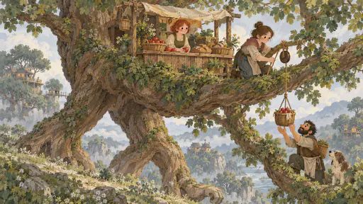 A red-haired woman in a moss-green apron serves customers from a small stall on a broad branch of an enormous tree, baskets of red apples and loaves on the counter and a basket being lowered on a rope pulley to a lower branch among green leaves.
