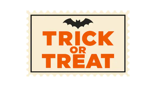 A cream postage-style parcel stamp with a perforated edge holding TRICK OR TREAT stacked in bold orange capital letters, a tiny charcoal bat above the wording, isolated on a transparent background; Halloween trick or treat lettering design.