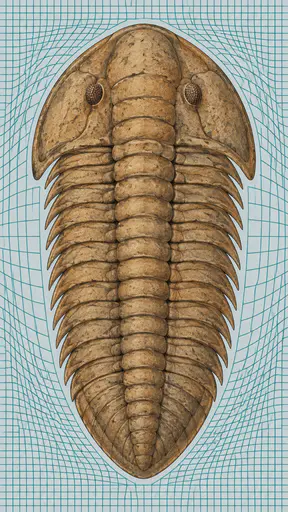 A painted trilobite fossil in tan and umber with a segmented tail sits in front of a pale grey ground and a bulging lattice of connected teal cells that stops short of the body.