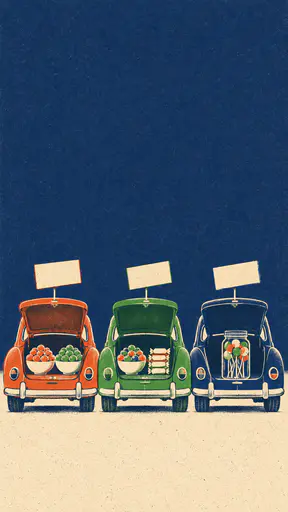 Risograph-style trunk-or-treat Halloween poster background: three rounded vintage cars seen from behind with open candy-stall trunks and small blank signs, beneath a broad empty navy sky, printed in burnt orange, navy and leaf green on cream paper.