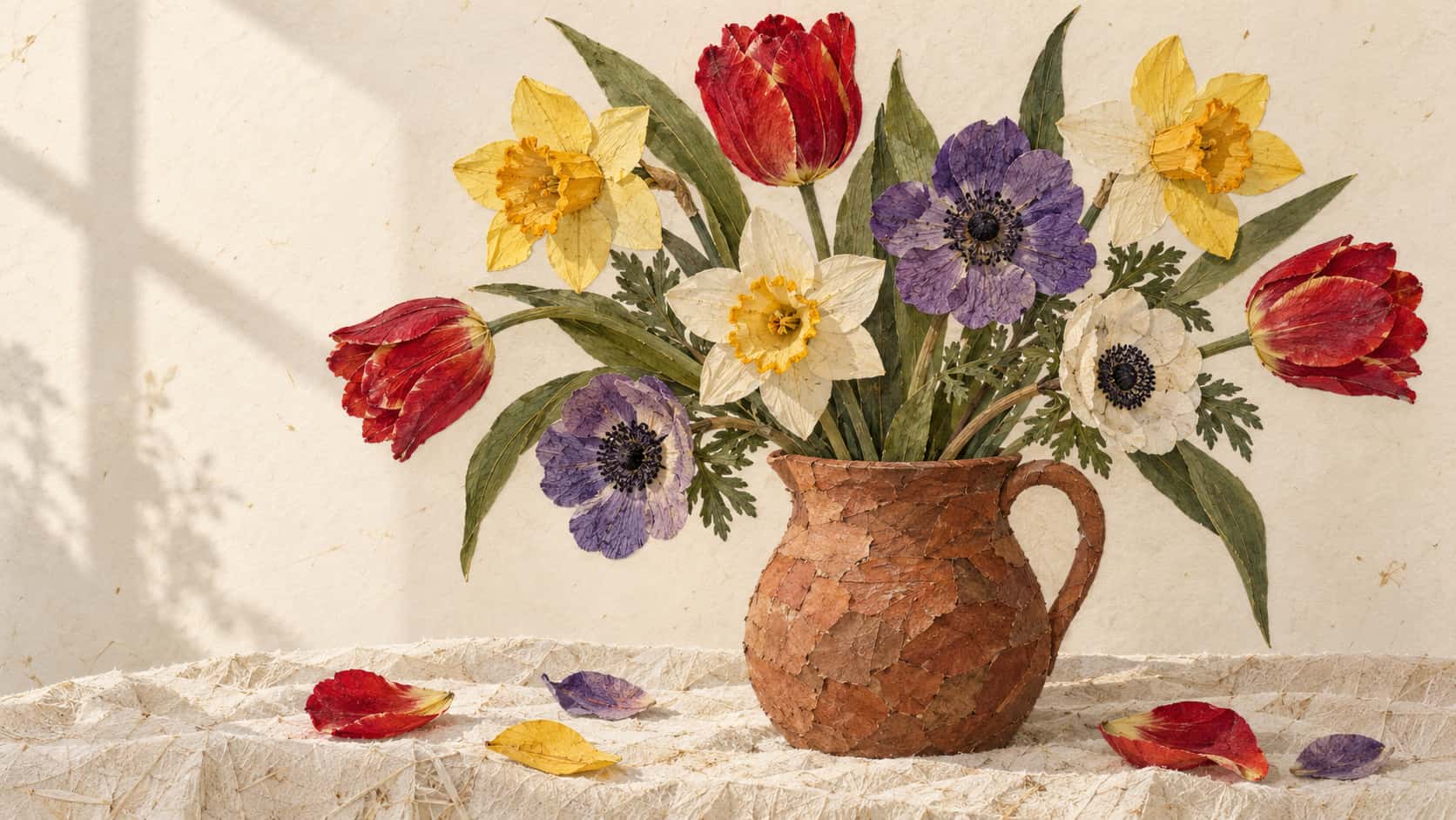 A bouquet of tulips, daffodils and anemones stands in a clay pitcher with petals and leaves built from pressed plant pieces on a cream ground.