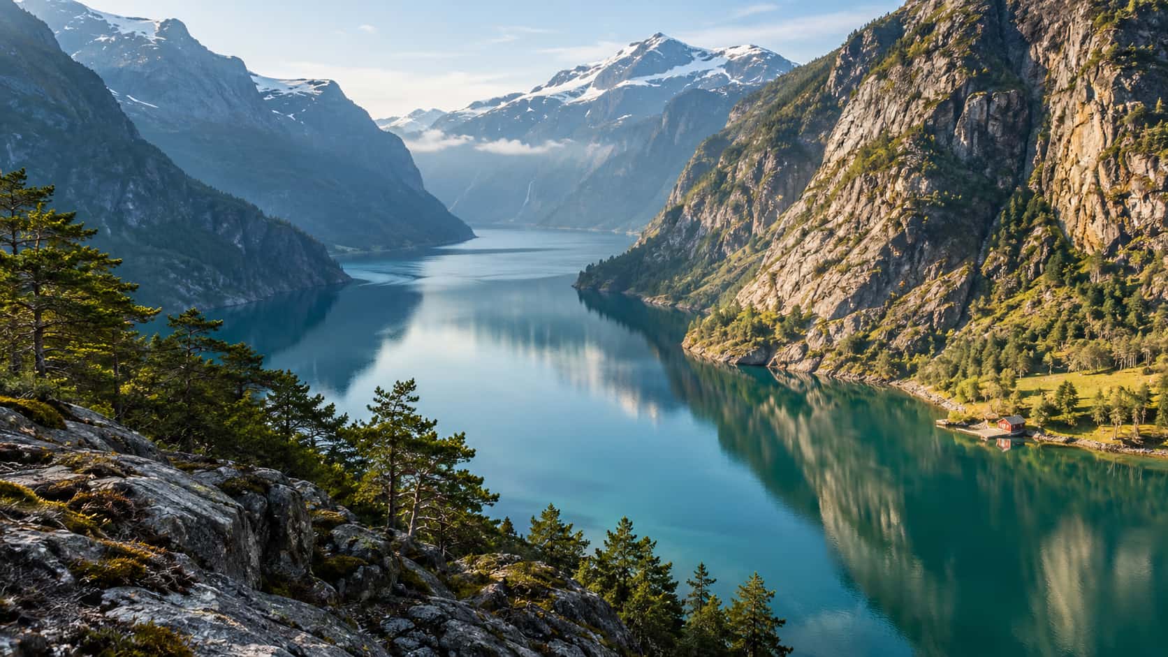 A turquoise fjord winds between sunlit and shadowed granite cliffs toward distant snowy peaks, with a red boathouse on the shore and pines on rock in the foreground.