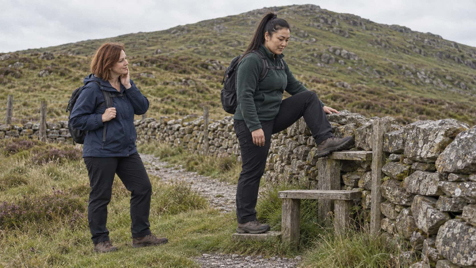 A broad-shouldered woman with a high black ponytail in a green fleece stands with one foot up on a low drystone wall demonstrating a stile step while a woman with a chin-length auburn bob in a navy jacket watches from the grass below with a hand raised to her cheek.