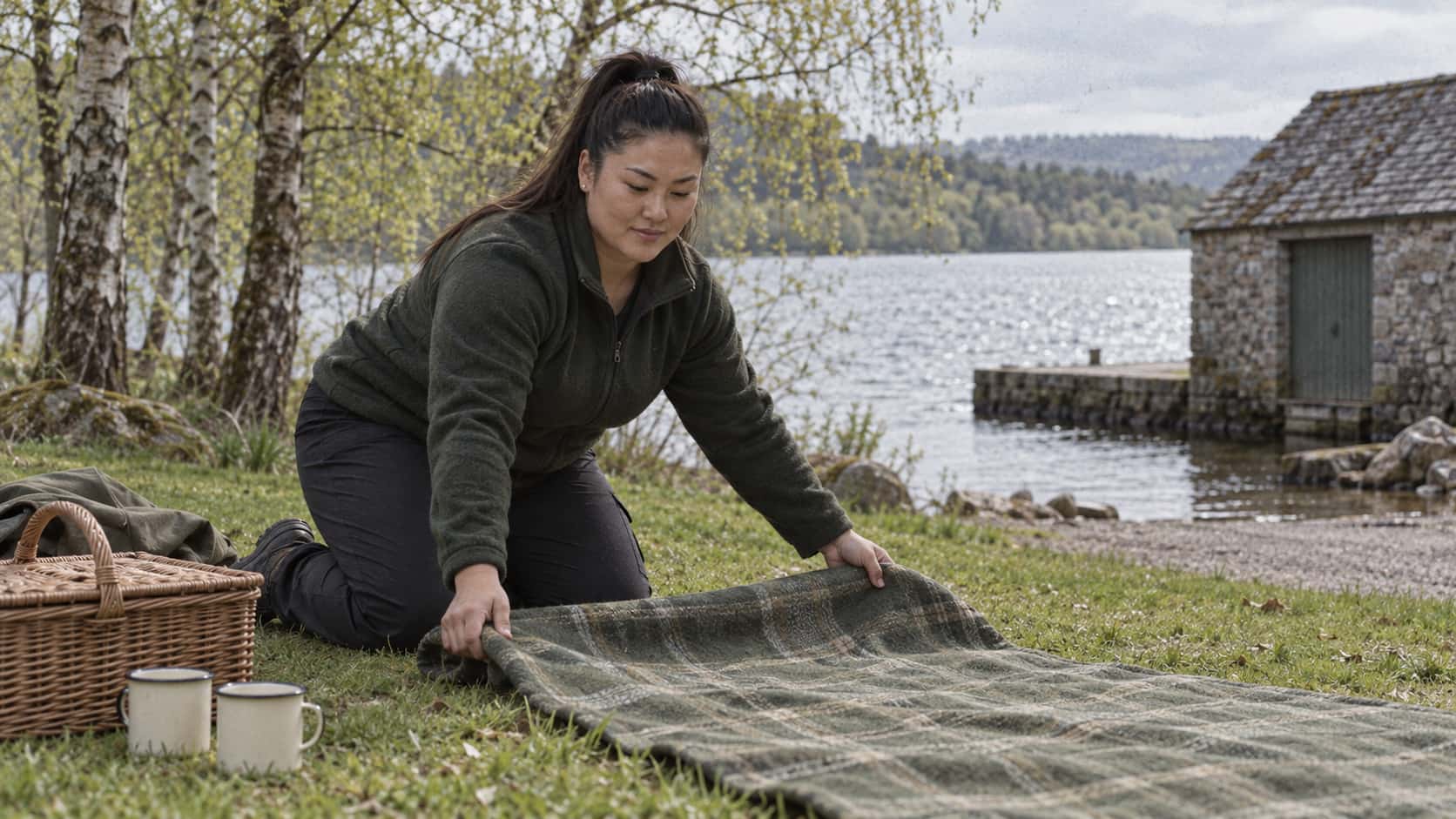 A broad-shouldered woman with a high black ponytail in a green fleece kneels on a grassy lakeside bank unrolling a picnic blanket beside a wicker basket and two enamel mugs with the lake and new-leaf birches behind in soft midday light.