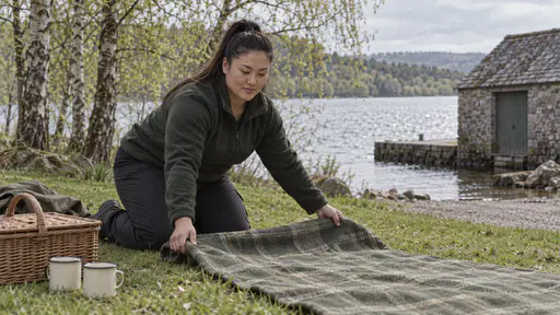 A broad-shouldered woman with a high black ponytail in a green fleece kneels on a grassy lakeside bank unrolling a picnic blanket beside a wicker basket and two enamel mugs with the lake and new-leaf birches behind in soft midday light.