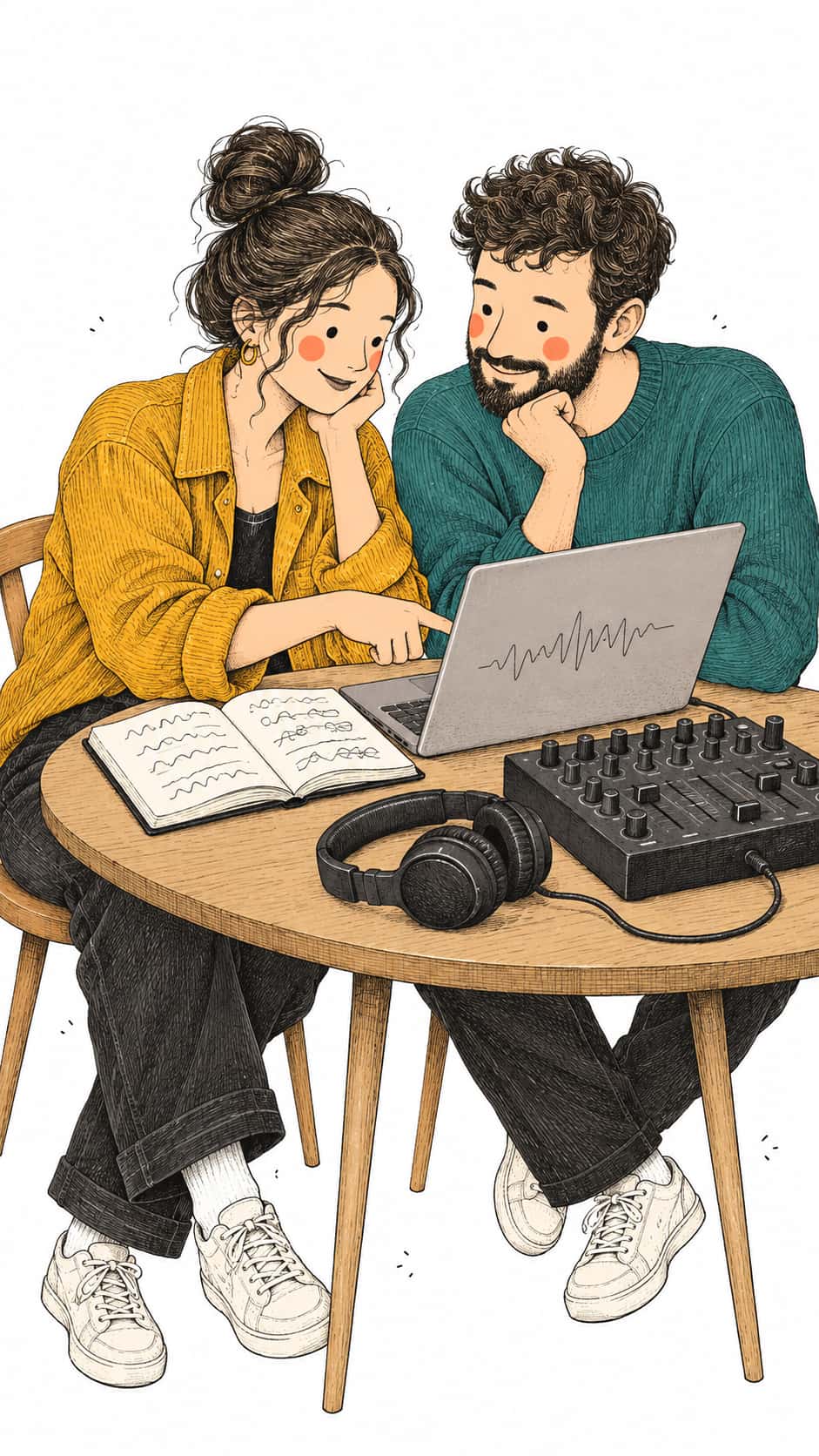 Two fictional adult DJs, a woman in a mustard jacket and a man in a teal sweater, lean over a laptop and a notebook planning a set with a mixer and headphones on the table in fine etched lines.
