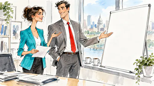 A fictional adult woman lawyer in a turquoise blazer and an adult man lawyer in a red tie discuss a case at a tall window beside a blank case board in a lively line and wash sketch.