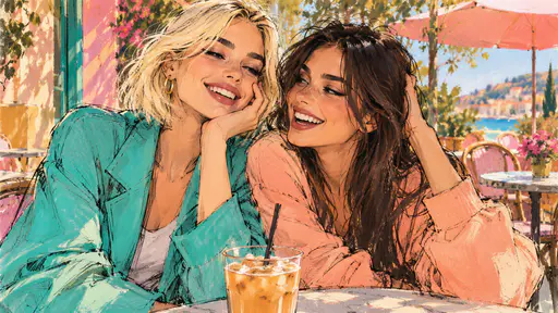 Two fictional adult women friends, one in a turquoise jacket and one in a peach sweatshirt, lean together and laugh on a sunny cafe terrace in a loose fashion sketchbook illustration.
