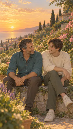 A fictional adult man in a teal shirt chats and laughs with an adult friend in a cream sweater on a low garden wall among flowering shrubs under a golden hour sky.