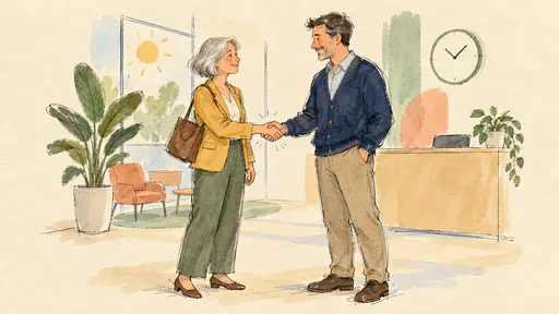 A fictional adult woman with a silver bob in a mustard blazer and an adult man in a navy cardigan shake hands warmly at a first meeting in a bright lobby in scribbly ink and wash.