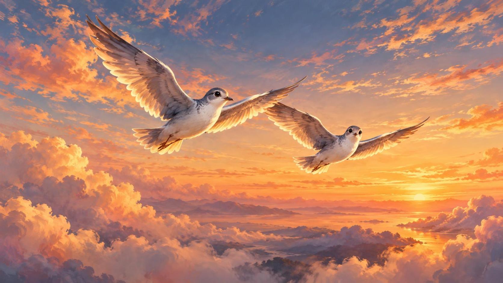Two white and grey birds fly side by side across an open evening sky with wings spread wide and soft golden clouds around them.