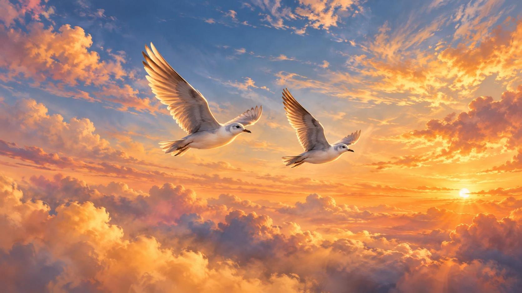 Two white and grey birds fly side by side across an open evening sky with wings spread wide and soft golden clouds around them.
